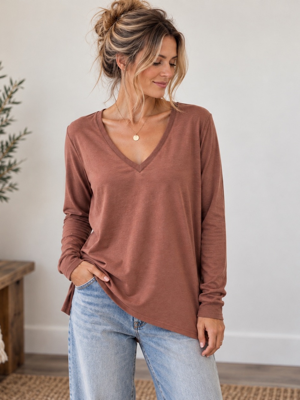 Tentree TreeBlend Mesa Red V-Neck Long Sleeve